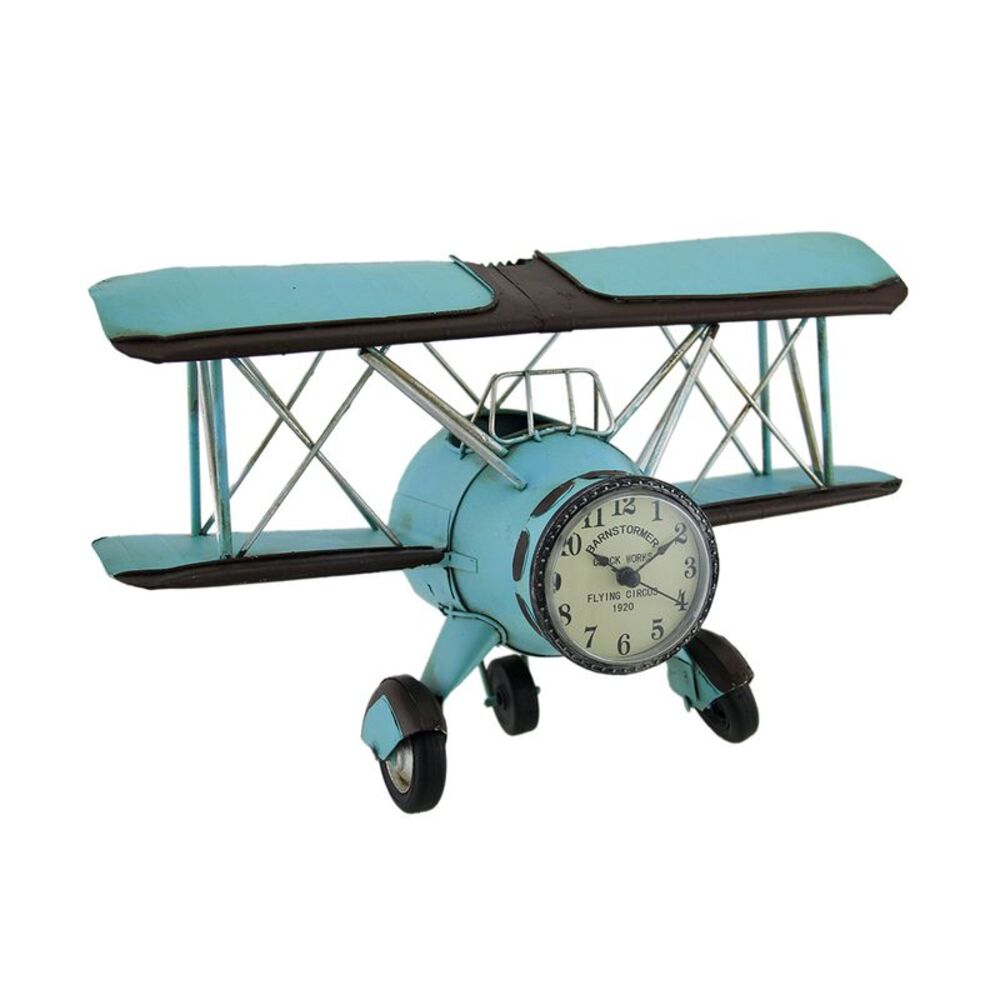Blue Barnstormer Retro Biplane Wall Clock Sculpture 12 Inch